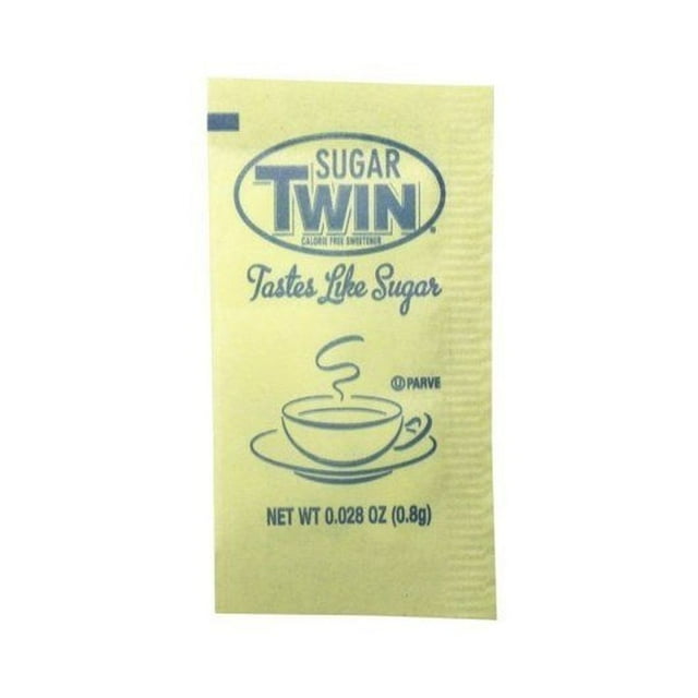 Sugar Twin Yellow Sugar Substitute, 0.28 Ounce packet displayed with branding that reads 'Tastes Like Sugar' and an illustration of a steaming cup. This calorie-free artificial sweetener is made with dextrose and is suitable for beverages or takeaway meals. Available in a bulk pack of 1000 pieces.