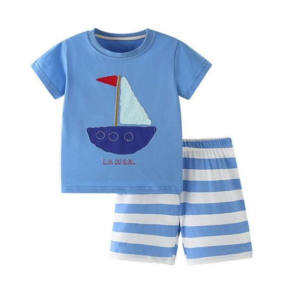 Hiijoy Toddler Boys Outfits Sailboat Print Short Sleeve T-Shirt and Shorts Set, Sizes 3-4T