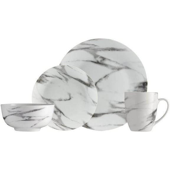 Pemberly Row Modern Porcelain Dinner Set 16 Piece Coupe Marble