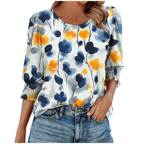 3/4 Sleeve Tops For Womens Floral Printed Smocked Cuffed Stretch Sleeve Tee Shirts Round Neck Tee Trends Lightweight Baggy Boho Dressy Shirts Bussiness Work T Shirts office Clothes