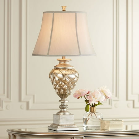 Misting Lamp - Barnes and Ivy Traditional Table Lamp with Nightlight LED Mercury Glass Off White Mist Fabric Bell Shade for Living Room Family