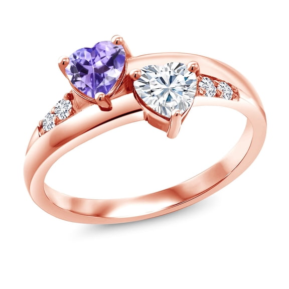 Gem Stone King 18K Rose Gold Plated Silver Lab Grown Diamond Ring Heart Shape Tanzanite and Moissanite (1.08 Cttw, Size 5)