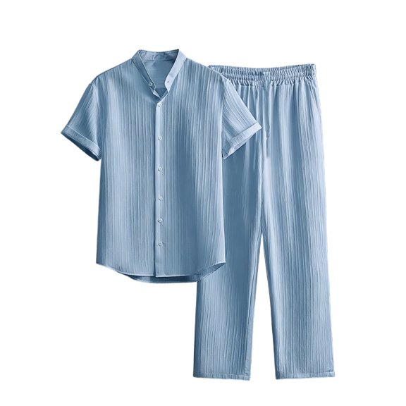 JUUYY Men's 2 Piece Set Pleated Texture Button Down Short Sleeve Collar Shirt Relaxed Fit Elastic Waist Long Pants Vacation Outfit Sky Blue XXL
