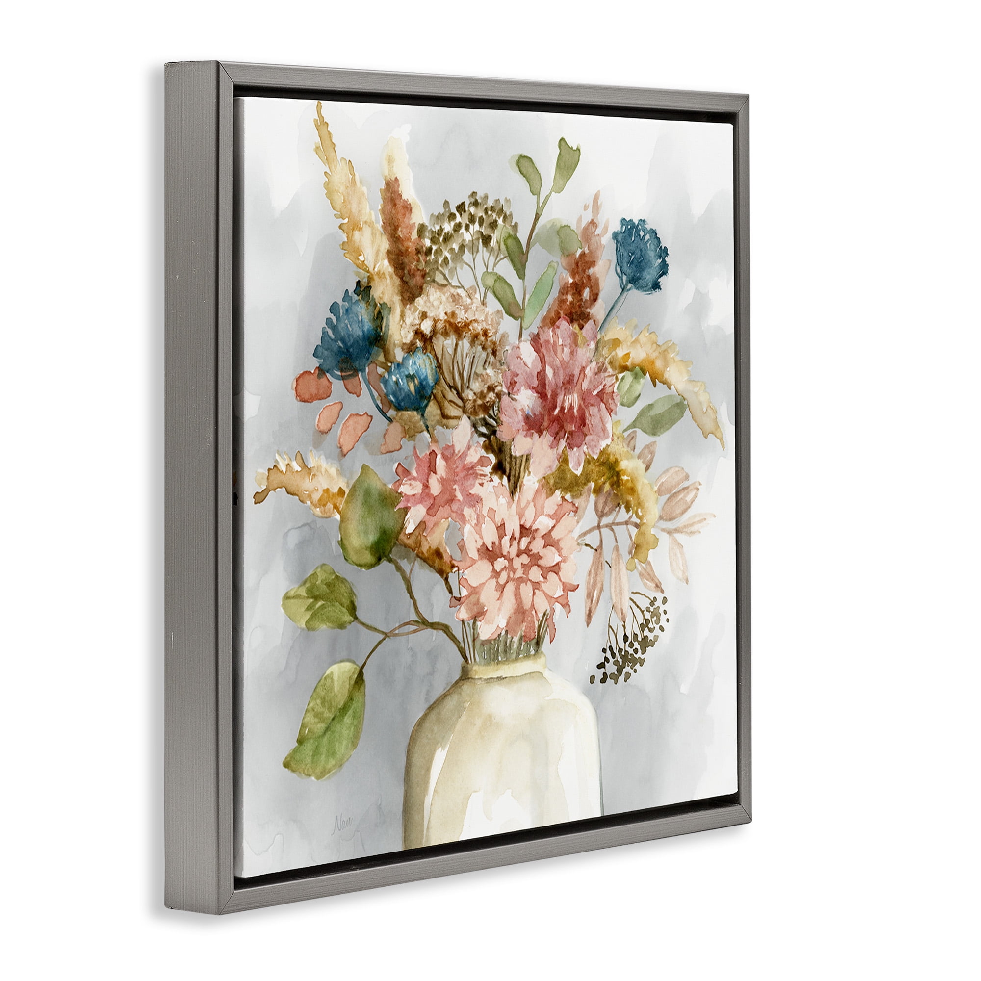 Stupell Industries Wildflower Watercolor Bouquet Botanical & Floral Painting Gray Floater Framed Canvas Art Print Wall Art, 25 x 25
