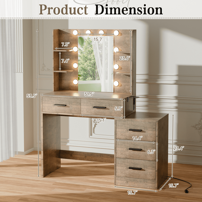 Lacoo Vanity Desk with 5 Drawers & Charging Station, Makeup Vanity with Lights & 4 Shelves, Dressing Table for Bedroom, Brown