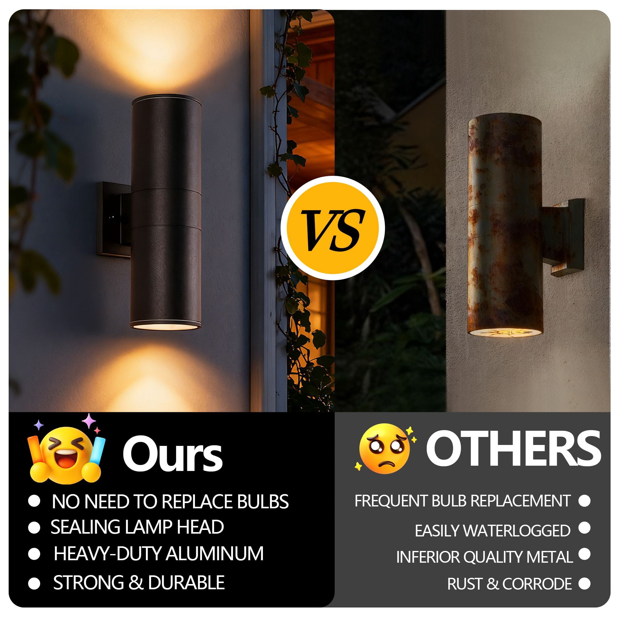 14 Inch Modern Outdoor Wall Sconce, 2-Light IP65 Waterproof Exterior Light, Rust-Resistant Aluminum Cylinder with Tempered Glass, Matte Black, 2-Pack, Bulbs Not Included
