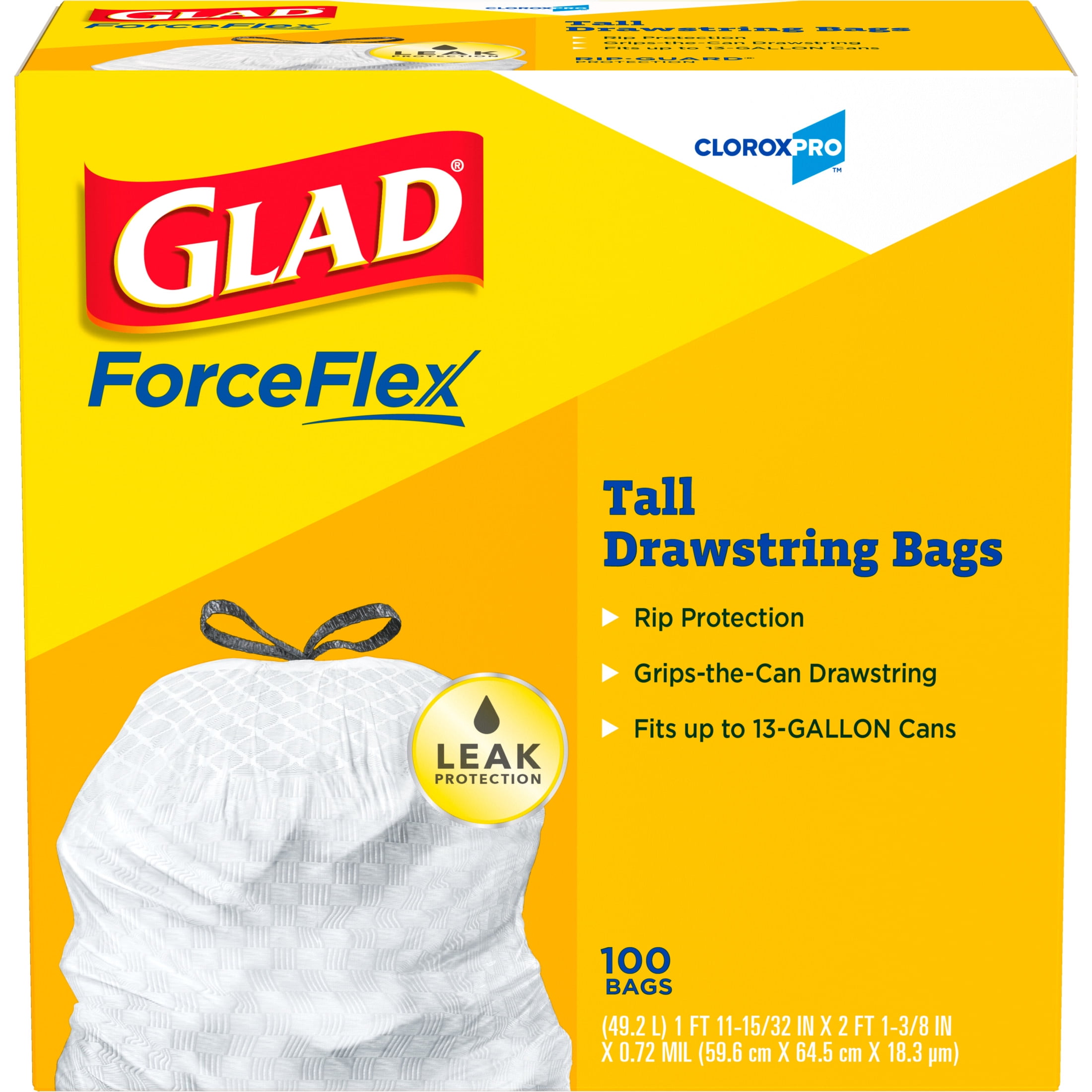 Glad Reinforced Strength Tall Kitchen Drawstring Trash Bags, 13 Gallon, 100 Bags
