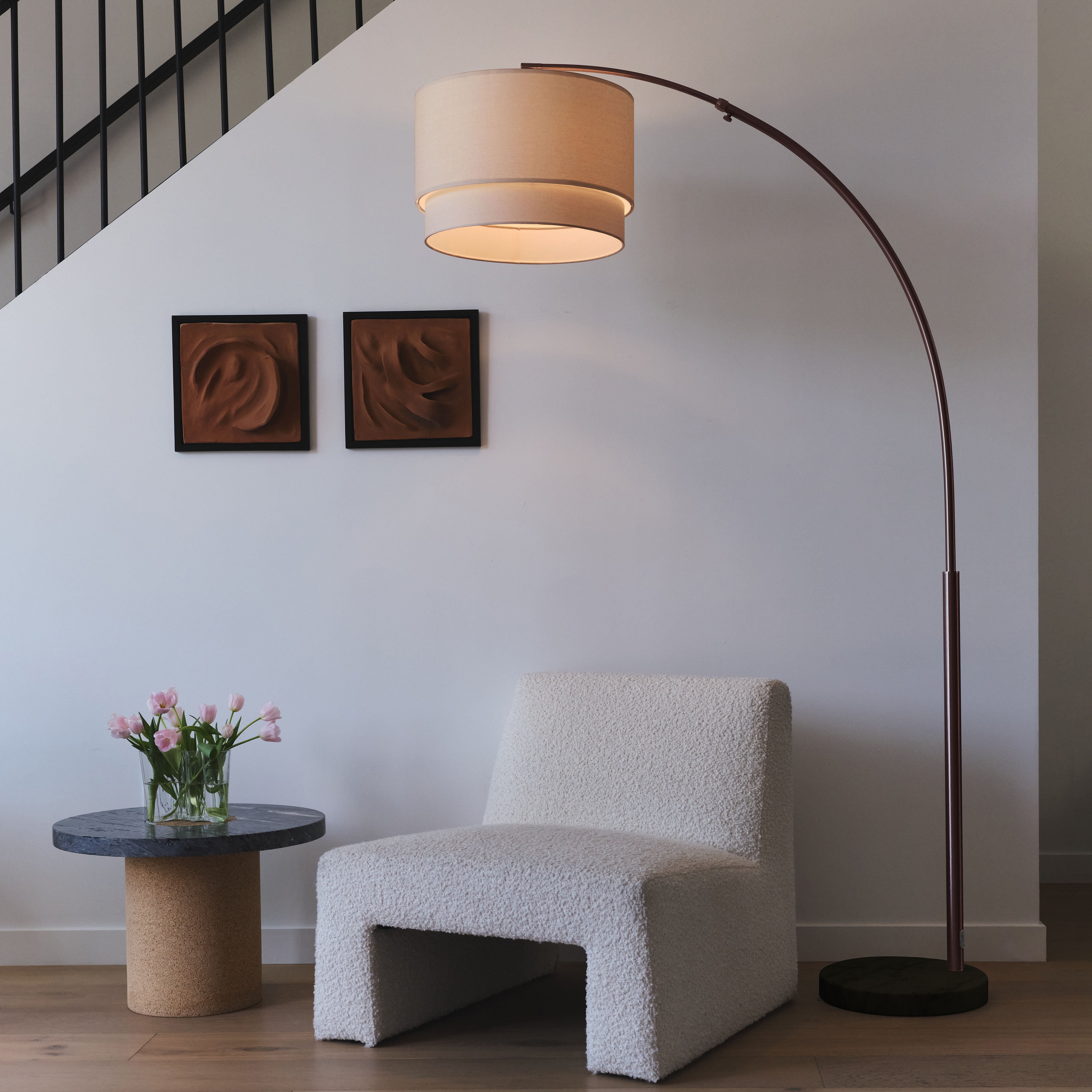 Brightech Mason 81" Bronze Modern 1-Light Adjustable Arm Extendable LED Marble Base Floor Lamp with 2-Tiered Beige Fabric Shade
