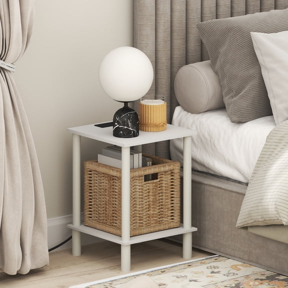Furinno TURN-N-TUBE 2-Tier Nightstand. USB & Type-C Charging Port. White