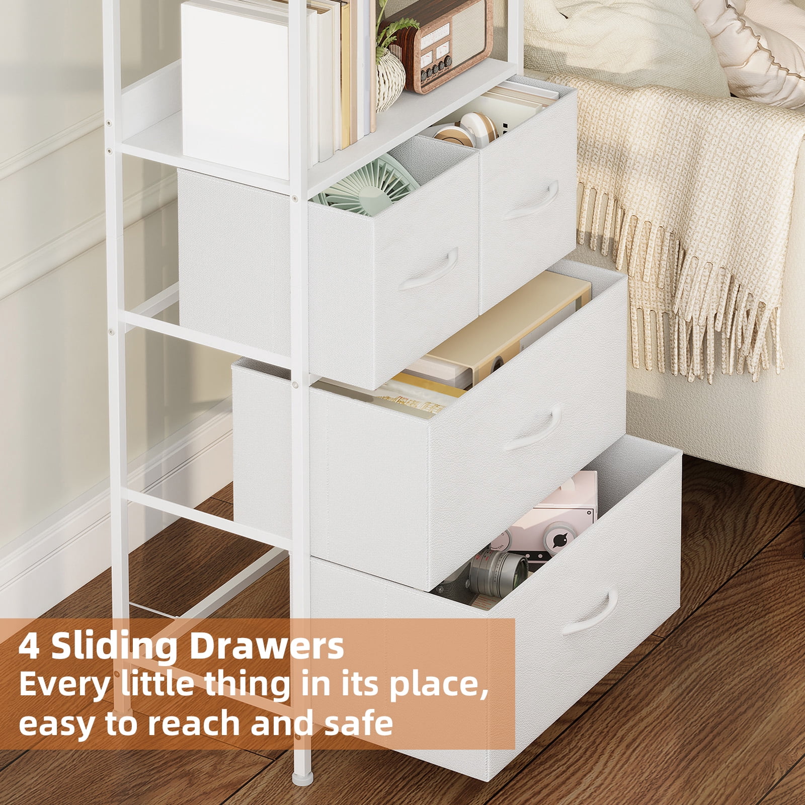 Eunos 6 Tier White Tall Bookcase with Drawers, 4 Removable Drawer Ladder Bookshelf, Bedroom Study