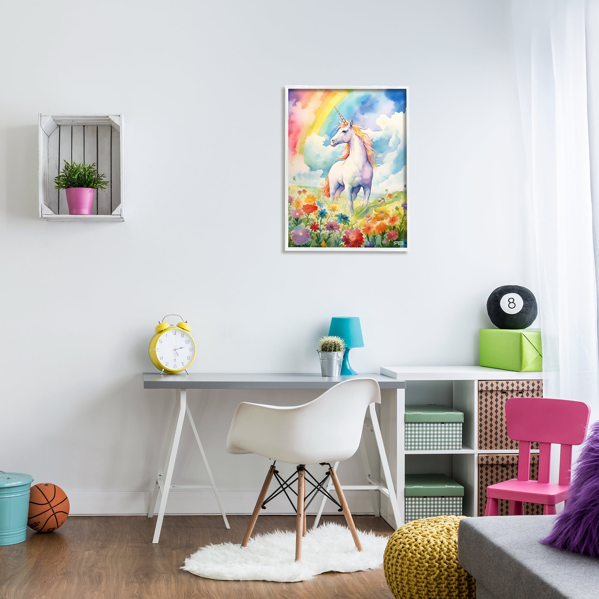 Stupell Industries Unicorn in Rainbow Meadow Fairy Tales & Fantasy Painting White Framed Art Print Wall Art, 24 x 30