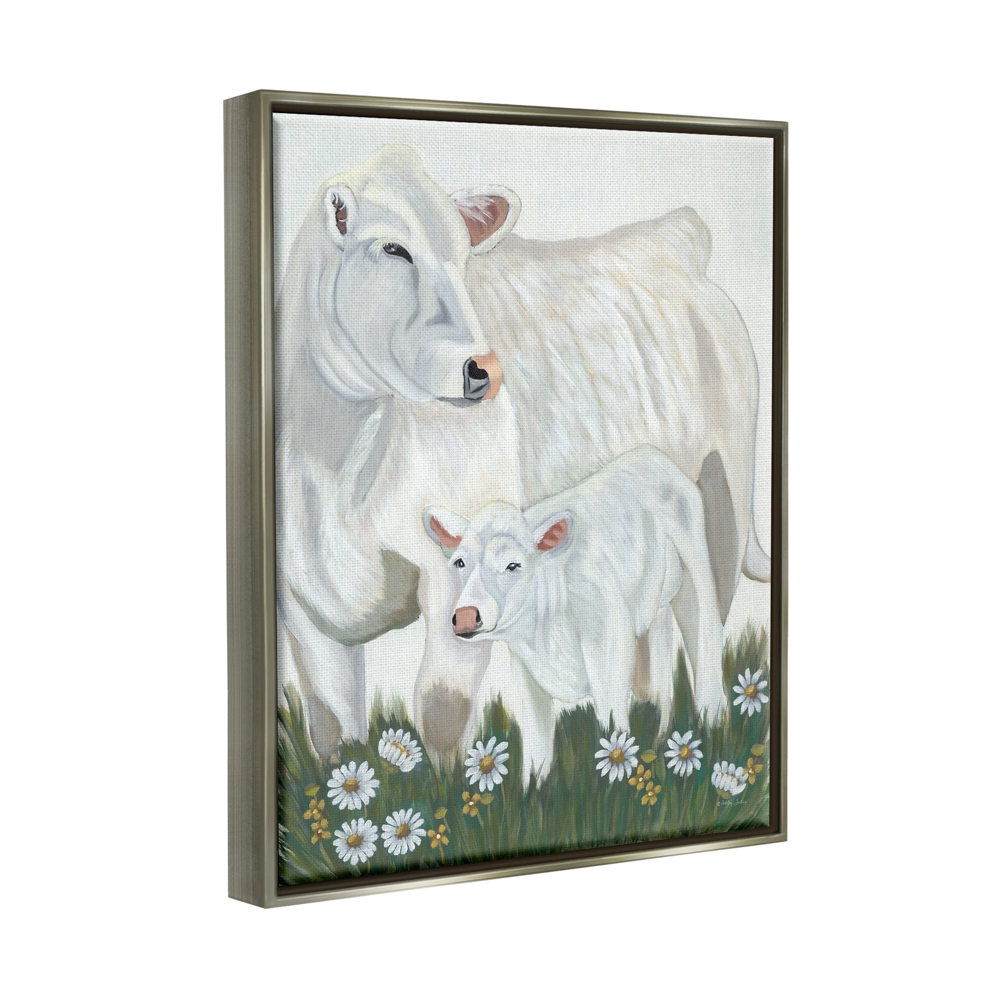 Stupell Industries White Cattle Family Mother Baby Calf Daisy Meadow Painting Luster Gray Floating Framed Canvas Print Wall Art, Design by Ashley Justice