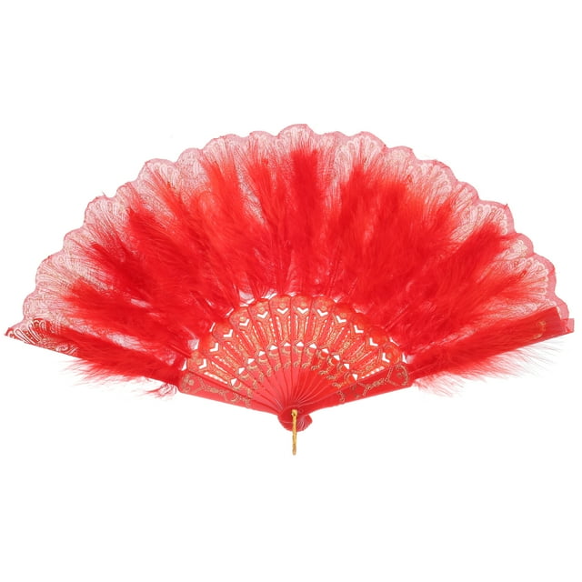 Unique Bargains Feather Hand Fan Red Vintage Folding Fan