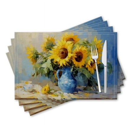 

BaHomeck placemats Set of 4 rectangle Linen Cotton Placemats for Dining Table Washable Heat Resistant 18*12inch Sunflowers In Blue Vase