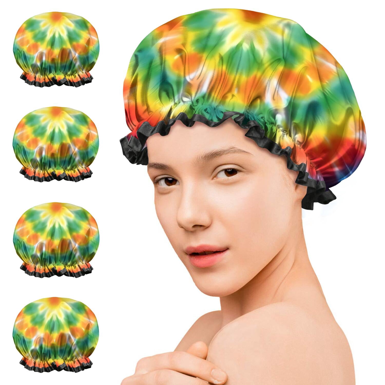 Shower Caps,Colorful Rainbow Tie Dye Spiral Pattern Waterproof Shower Cap for Women 4 Pieces,Double Reusable Hair Cover for Shower PEVA Elastic Stretch Hem