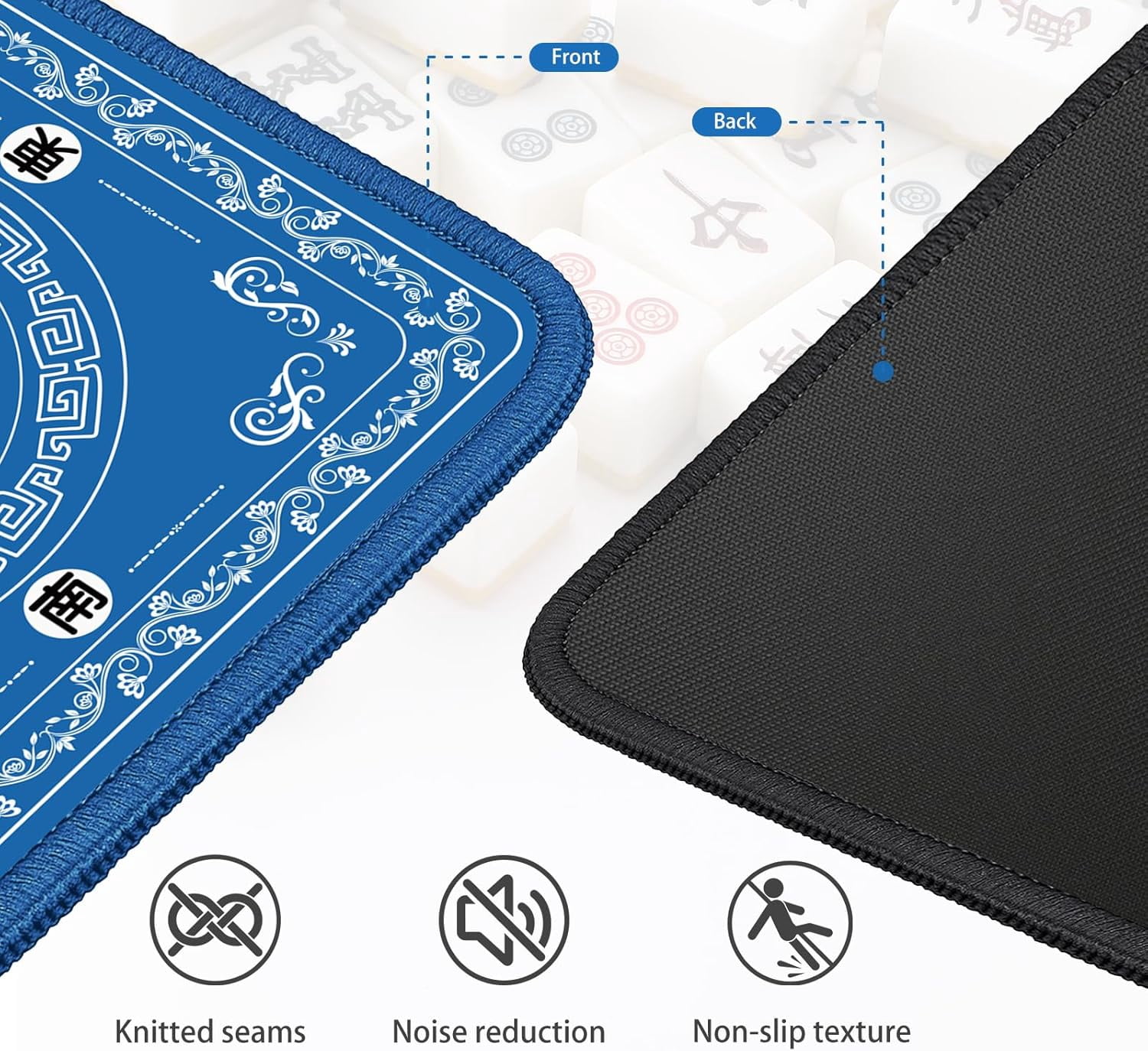 Mahjong Mat - Elegant Blue with Lace Trim | Non-Slip Rubber Gaming Mat & Noise Reducer | for Mahjong Tiles, Poker, Cards, Dominoes, Board Games | 31.5x31.5 Inch