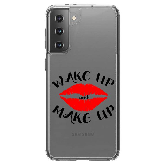 DistinctInk Clear Shockproof Hybrid Case for Galaxy S21  PLUS 5G (6.7" Screen) - TPU Bumper Acrylic Back Tempered Glass Screen Protector - Wake Up and Make Up