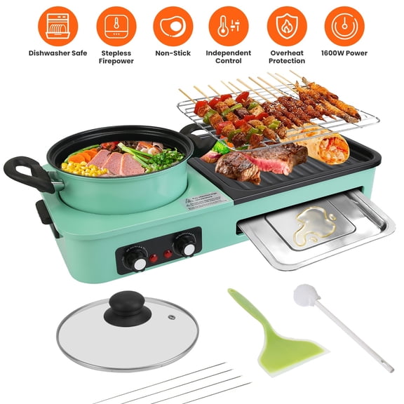 Moclever 3 in 1 Electric Hot Pot with Grill, 1600W Smokeless Non-Stick Korean BBQ Grill with Independent Temperature Control for 3-5 People, Green