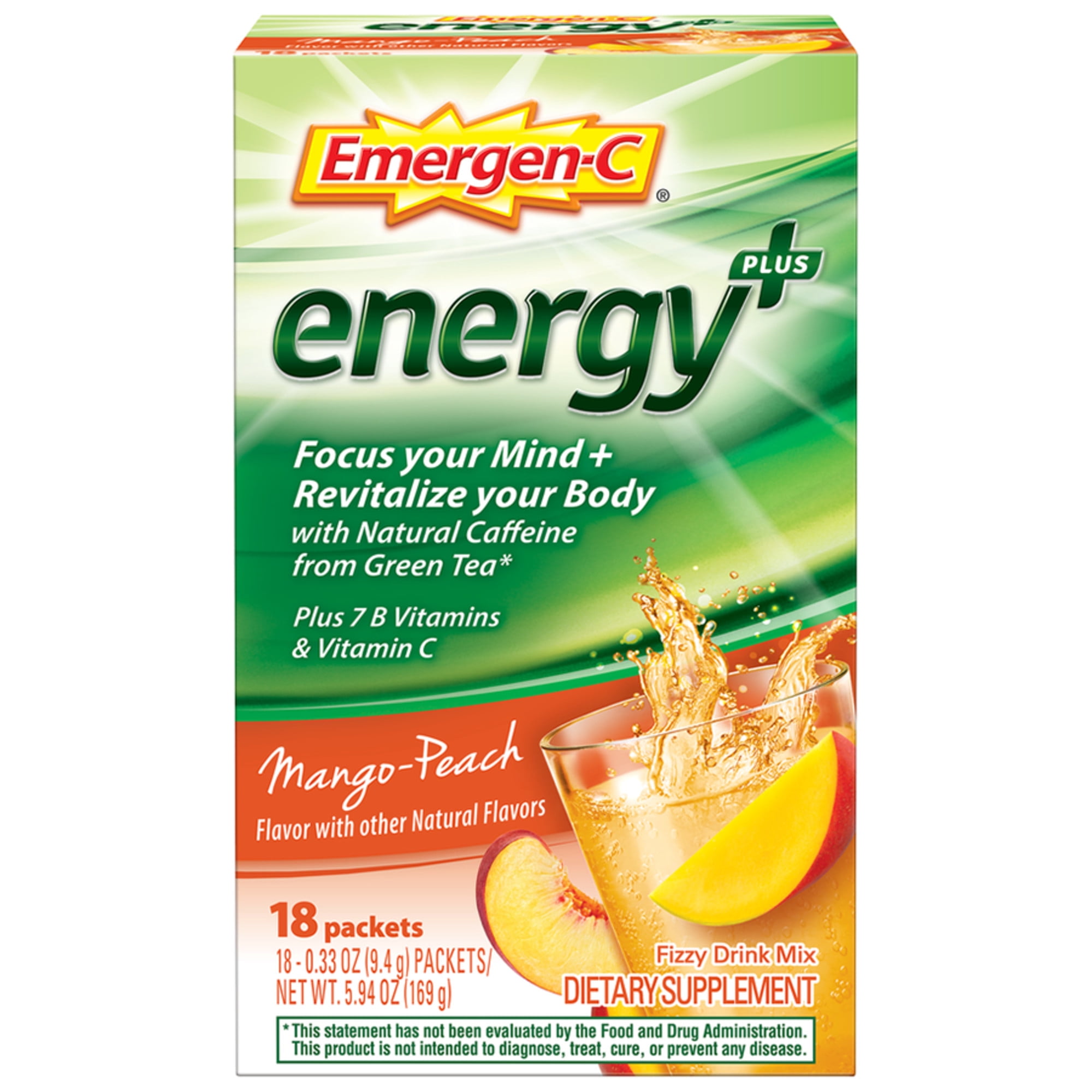 EmergenC Energy Plus Energy Supplement Drink Mix Packets, Mango Peach