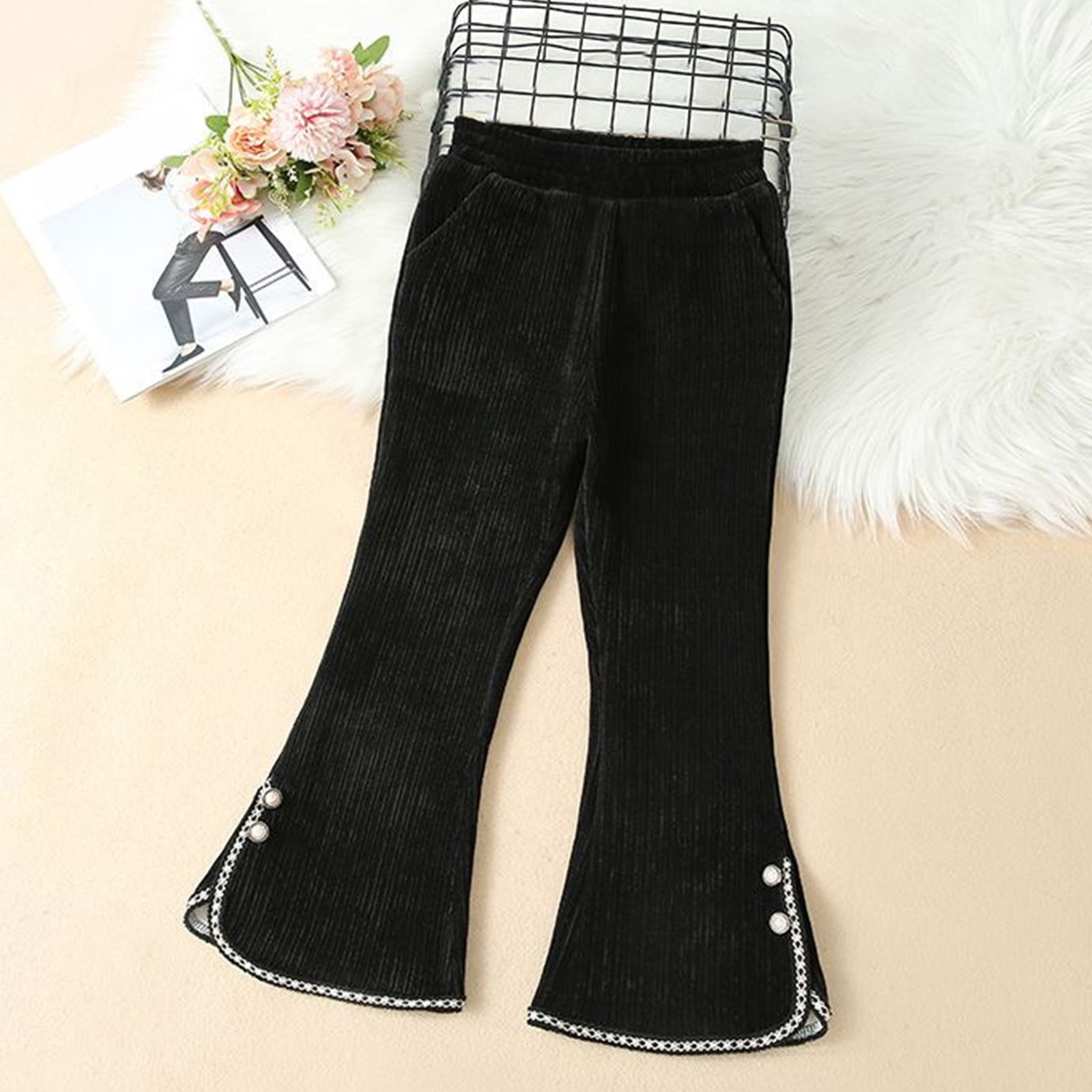 AherBiu Flare Pants for Girls Corduroy Elastic High Waisted