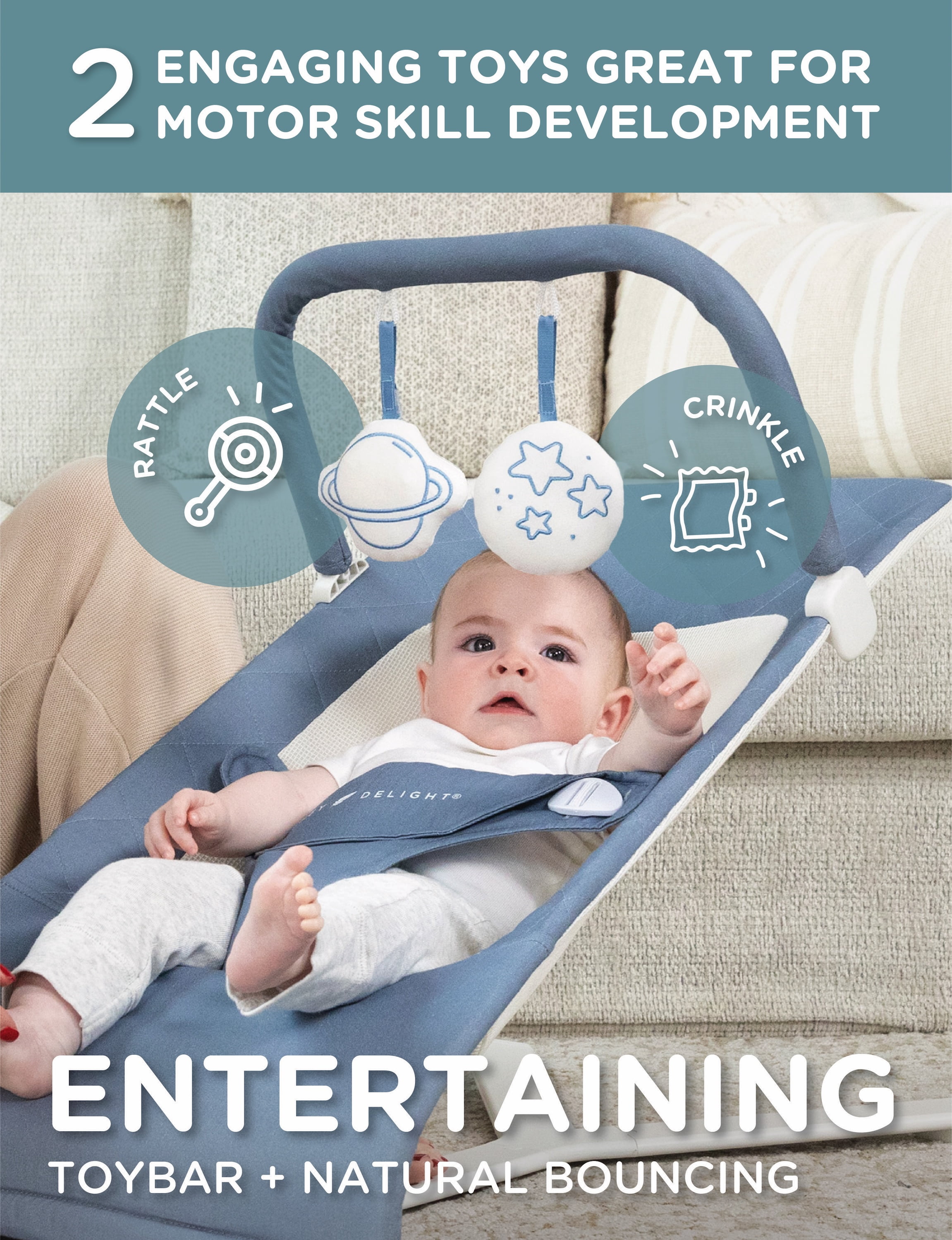 Baby Delight Alpine Organic Deluxe Portable Bouncer, for Infants 0-6 Months, Organic Dusty Blue
