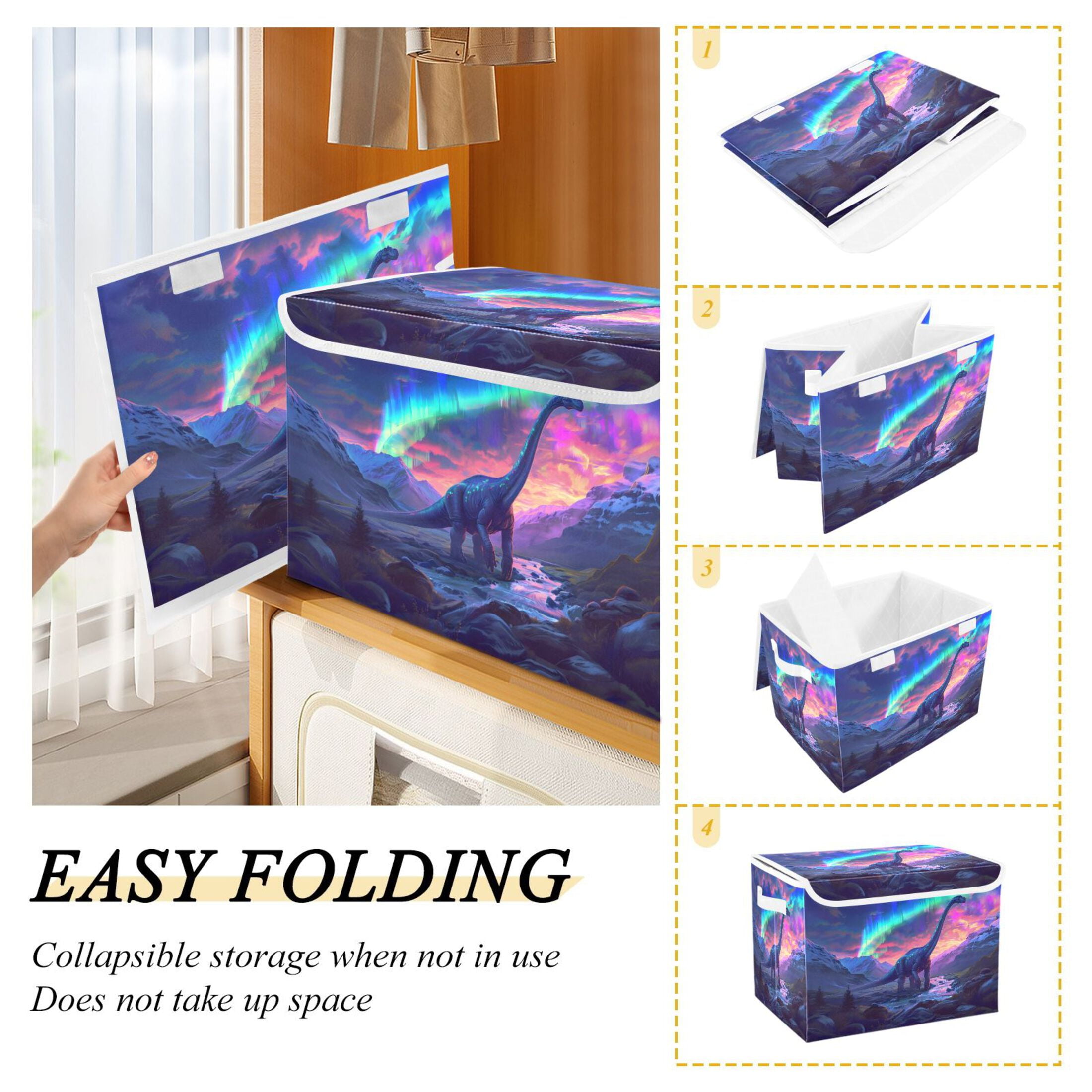 Ryvnso Dinosaur in Beautiful Sky Large Lidded Foldable Storage Baskets Cubes Boxes Lids Bin for Home