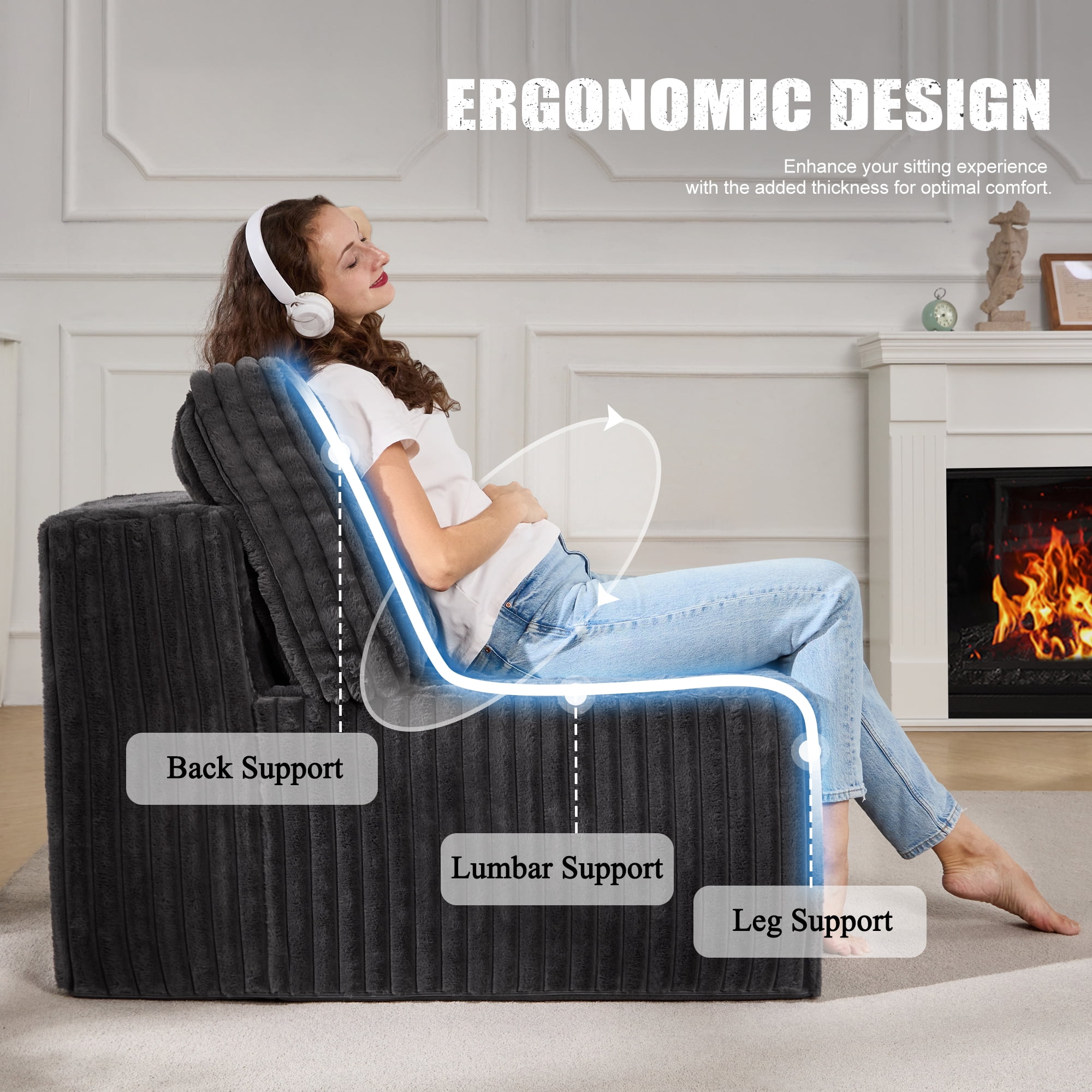 Single Sofa 1 Seat Couch with Deep Seat Memory Foam Cloud Sofa Chair with Pillows Large Sofa with L Shape for Living Room Bedroom (Strip Grey, Single)