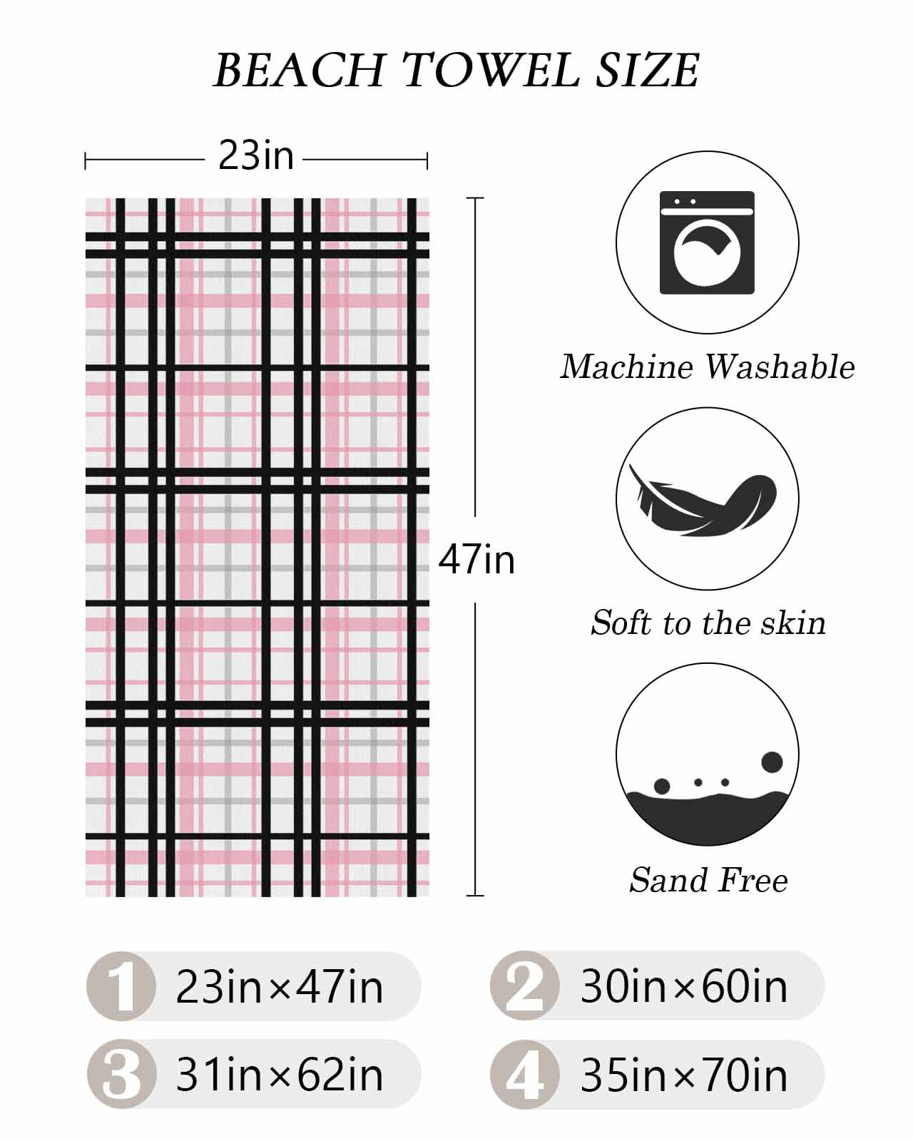 Pink Black Plaid Beach Towels Oversized Super Absorbent, Farmhouse Pink Black Checkered Lightweight Bath Towel Quick Dry Sets For Bathroom/Pool/Rv Camping/Beach Play/Gym Room/Picnic 31"x62"