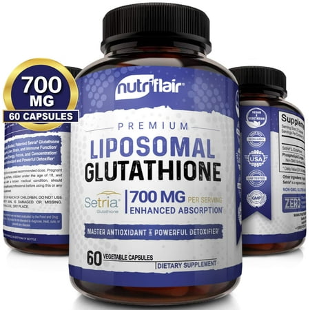 NutriFlair Liposomal Glutathione Setria® 700mg - Pure Reduced, Stable, Active Form L Glutathione reductase (GSH), Enhanced Absorption - Non GMO Antioxidant, Detox, Cardiovascular, Brain, Immune (Best Way To Take Glutathione Capsule)
