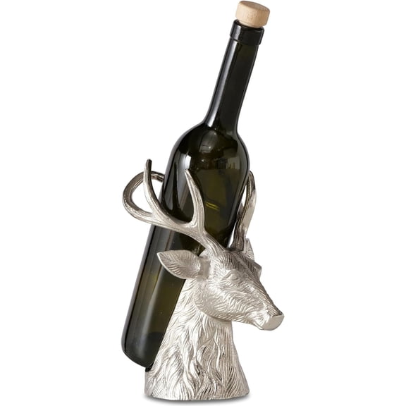 Rustic Deer Wine Holder, Single Bottle Display Rack, Hand Cast Aluminum Nickle, 8.25 Inches