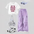 thumbnail image 2 of mgoYE Girl Outfits Size 10-12 Girls Clothes 2 Piece Outfit Short Sleeve Top + Cargo Pants Girls Spring and Summer Outfits, Sizes 7-12 Years(Light Purple,11-12 Years), 2 of 4