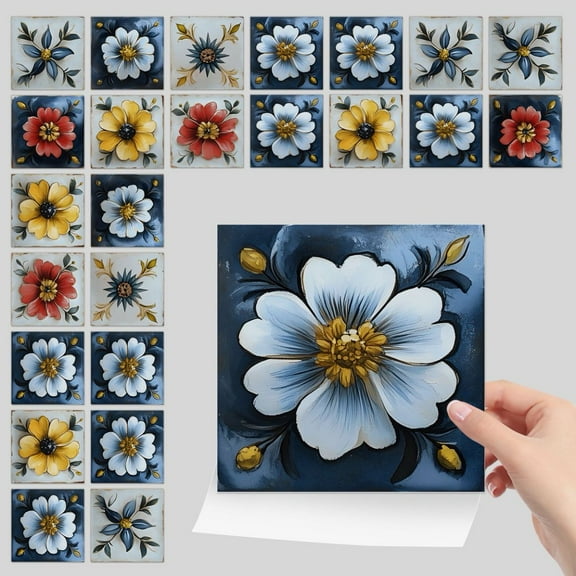 24Pcs Waterproof Tiles Wall Stickers 4 x 4in Multicolour Flowers Pattern Self Adhesive Kitchen Backsplash Decals DIY Decor Peel and Stick Tile