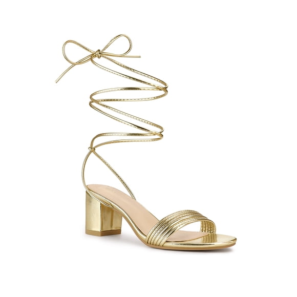 BLISSFUL STEP Women's Sparkle Strappy Lace Up Block Heel Sandals Gold 7