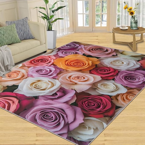 Rose Area Rug, Colorful Roses Rugs for Living Room, Couples Washable Rugs for Bedroom, Non Slip & Low-Pile, Soft Indoor Carpet & Home Decor 3 x 4ft