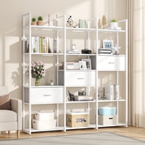 5-Tier Bookshelf with 3 Fabric Drawers and Hooks, Metal Frame Bookcase Display Storage Shelves for Living Room, Home Office, White