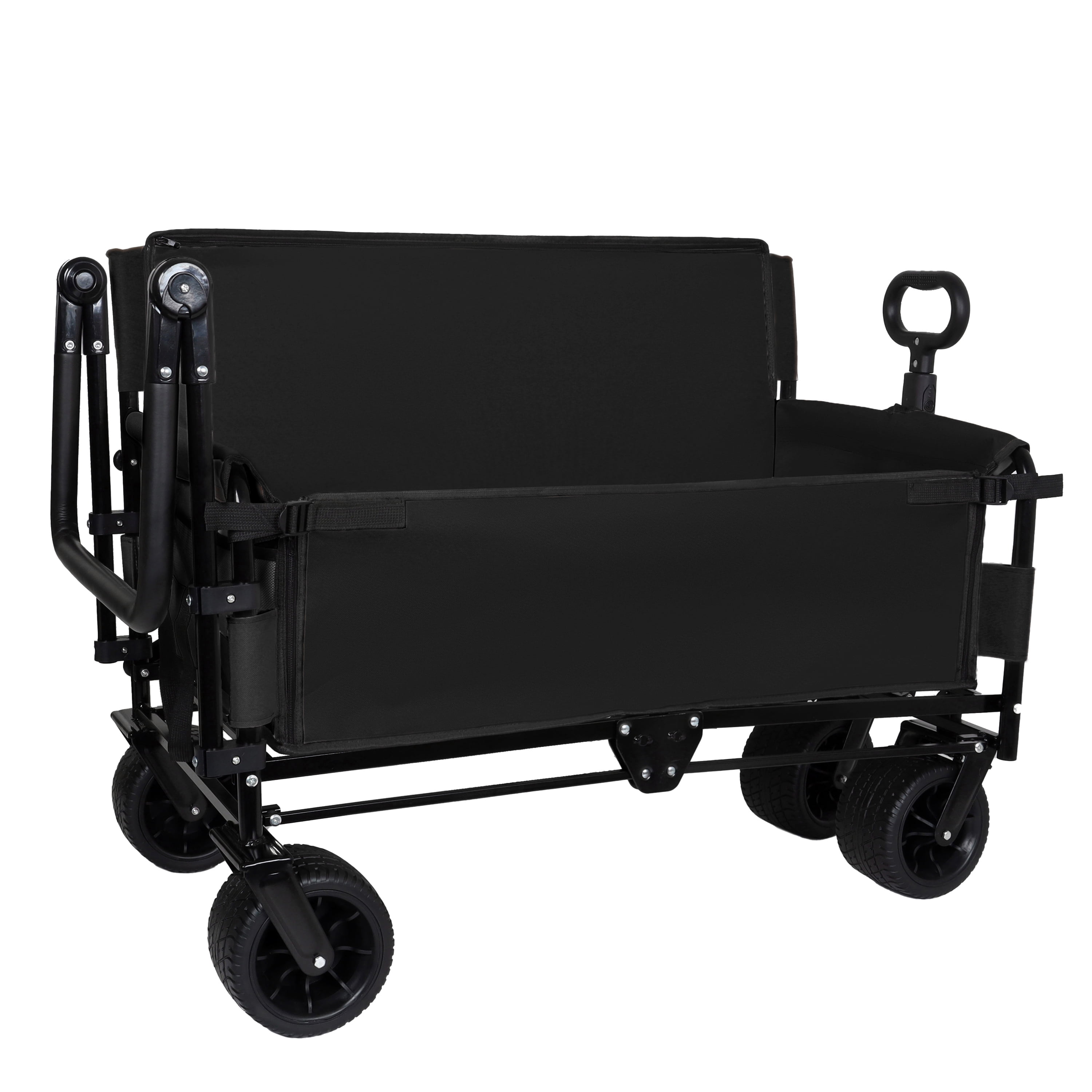 JXXRZ Folding Wagon with Seat & Canopy, 500lbs Heavy Duty All-Terrain Beach Cart, Black