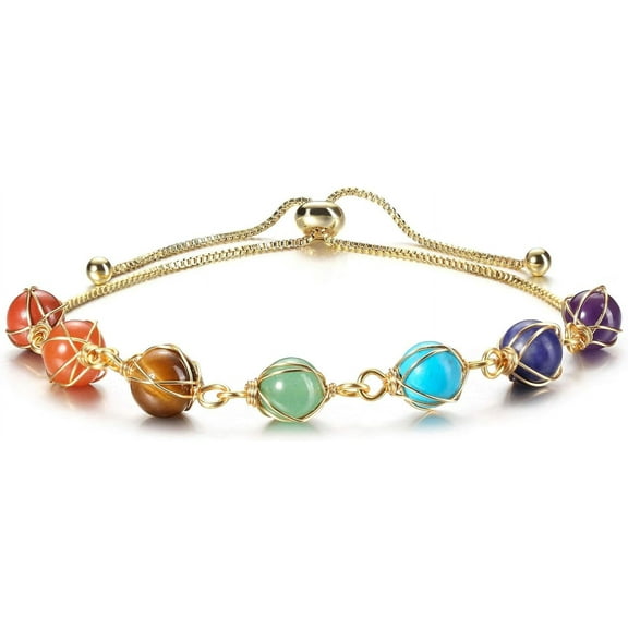 7 Chakra Bracelet Healing Crystal Stone Beads Ankle Bracelet Adjustable 14K Gold Plated Bracelet for Women Girls Women Girlfriend Birthday Gift Mom Gift