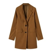 Qiaocaity Fall and Winter Fashion Long Trench Coat, Womens Fall Fashion Business Attire Solid Color Long Sleeve Single Breasted Slimming Suit Coat Cardigan Top, Coffee, XL