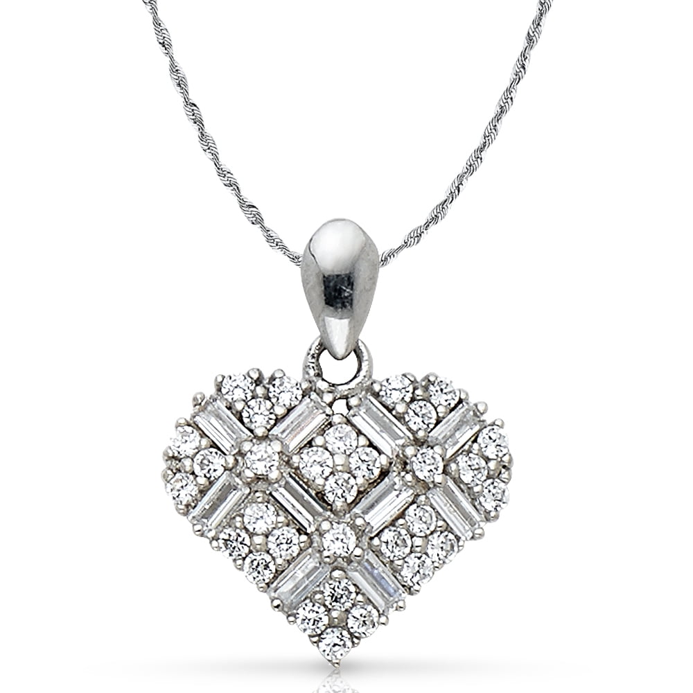 14K White Gold Heart Cross Hatch Cubic Zirconia CZ Charm Pendant with 1.5mm Rope Chain Necklace