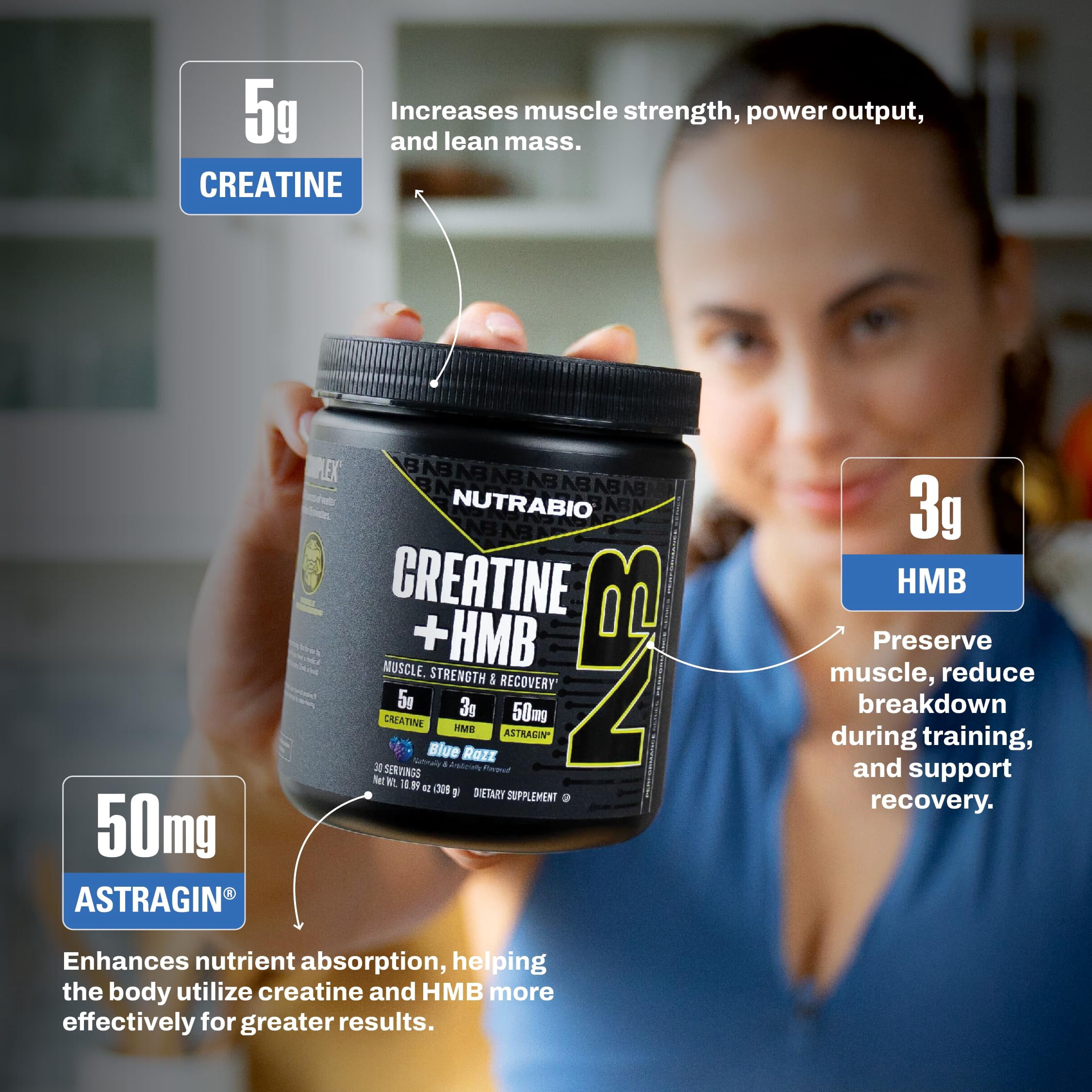 NutraBio Creatine + HMB- Creatine Monohydrate with HMB Powder for Muscle Growth, Increased Strength- 30 Servings (Blue Razz)