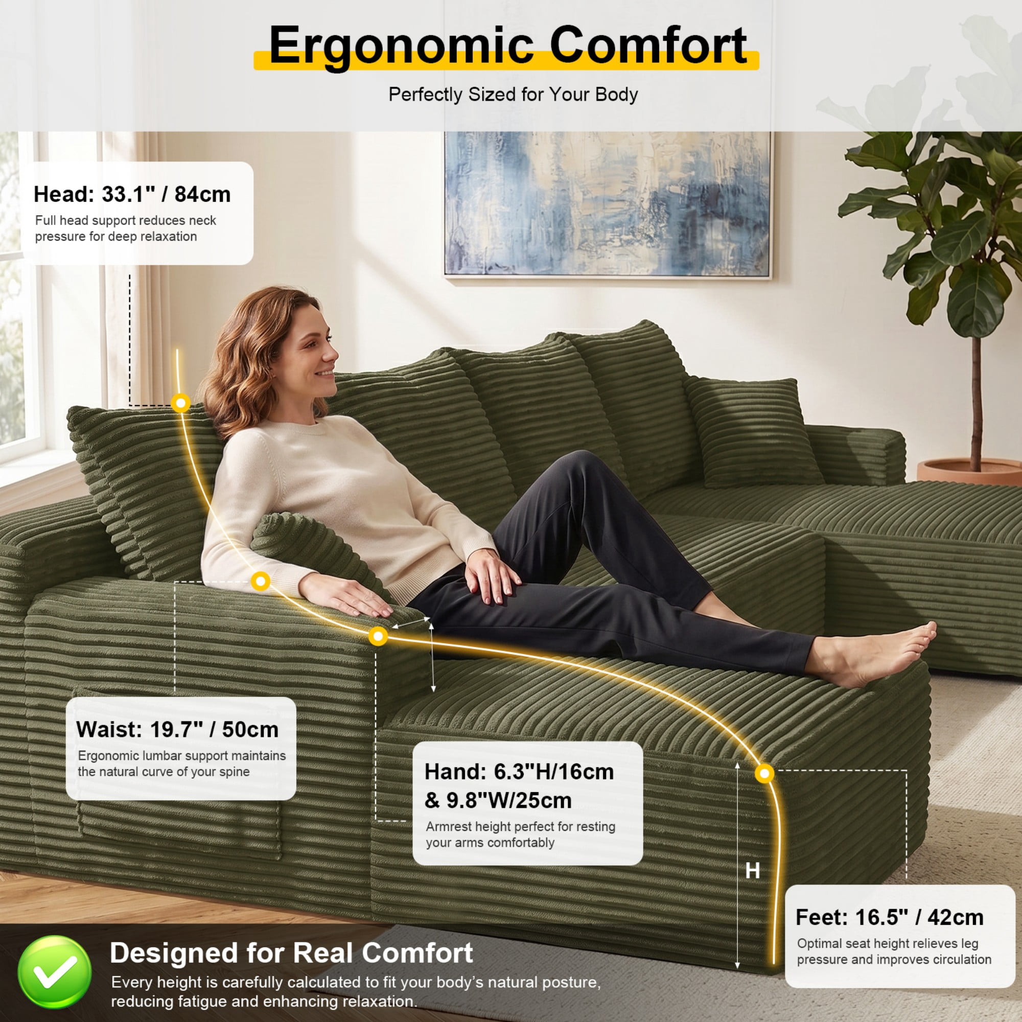 DEALTOPS 134" Corduroy U-Shape Modular Cloud Couch, Double Chaise Sectional Sofa with Cup Holders, Green