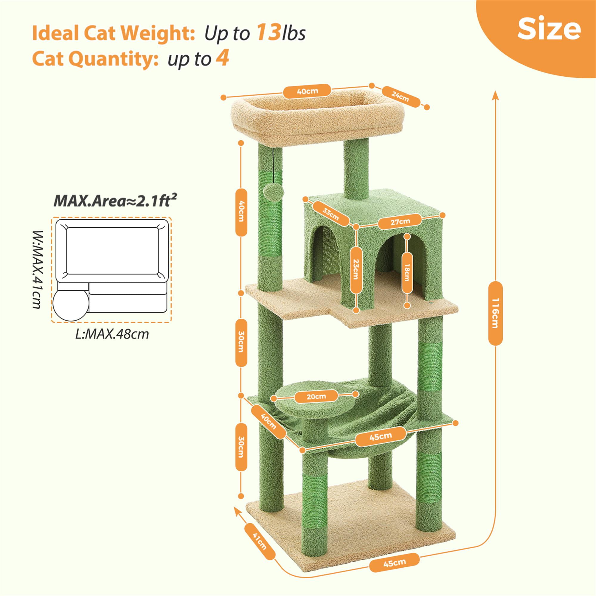 Pefilos 45" Cat Tree Tower for Indoor Cats, 5-Level Cat Condo for Large Cats with Large Hammock, Big Top Perch and 4 Sisal Covered Scratching Pos, Green Pefilos 45" Cat Tree Tower for Indoor Cats, 5-Level Cat Condo for Large Cats with Large Hammock, Big Top Perch and 4 Sisal Covered Scratching Pos, Green