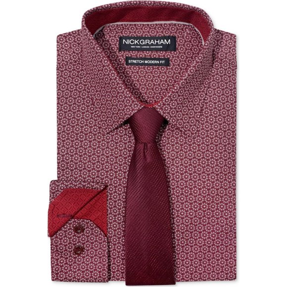 Nick Graham Mens Slim Stipple Circle Tie Set Button Down Dress Shirt, Red, 15-15.5