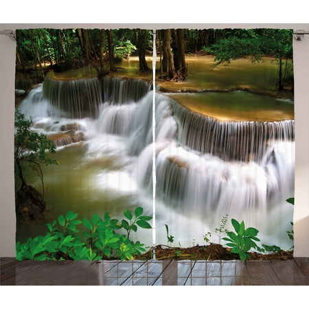 Cascade Office Set Nature Curtains 2 Panels Set, Tropical Paradise Waterfall in Thailand Surreal Cascade Wonders of the World Scenery, Window Drapes for Living Room Bedroom, 108W X 63L Inches, Multicolor, by Ambesonne ()