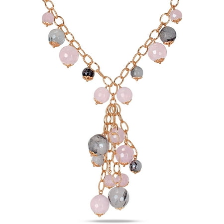 Tangelo 115 Carat T.G.W. Rose Quartz and Black Rutilated Quartz Rose Rhodium-Plated Sterling Silver Fashion Necklace, 18