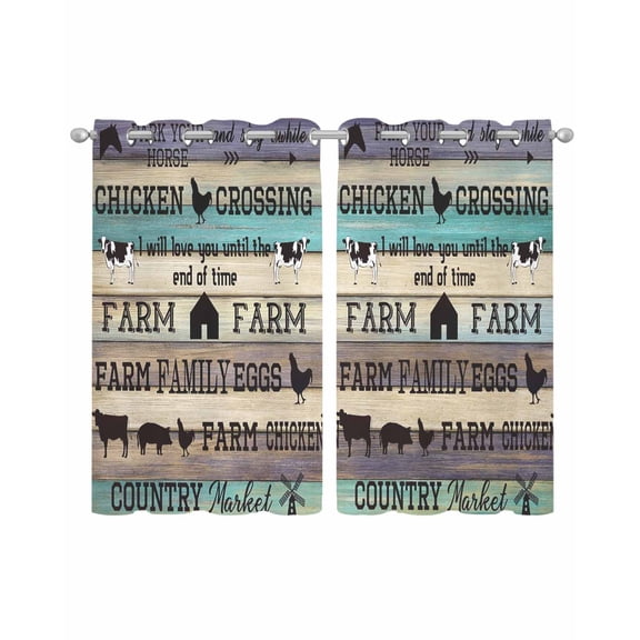 Retro Farm Animals Sheer Curtains 39 Inch Length 2 Panels Set for Living Room/Bedroom, Country Cow Pig Chicken Turquoise Wood Kitchen Curtains Grommet Curtains Window Treatments 27.5"x39"x2