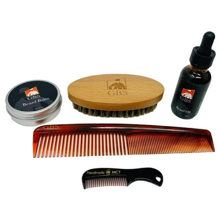 GBS Premium Grooming & Essential Beard Kit, Includes Beard Brush, Comb, Balm, Oil, 5 Piece