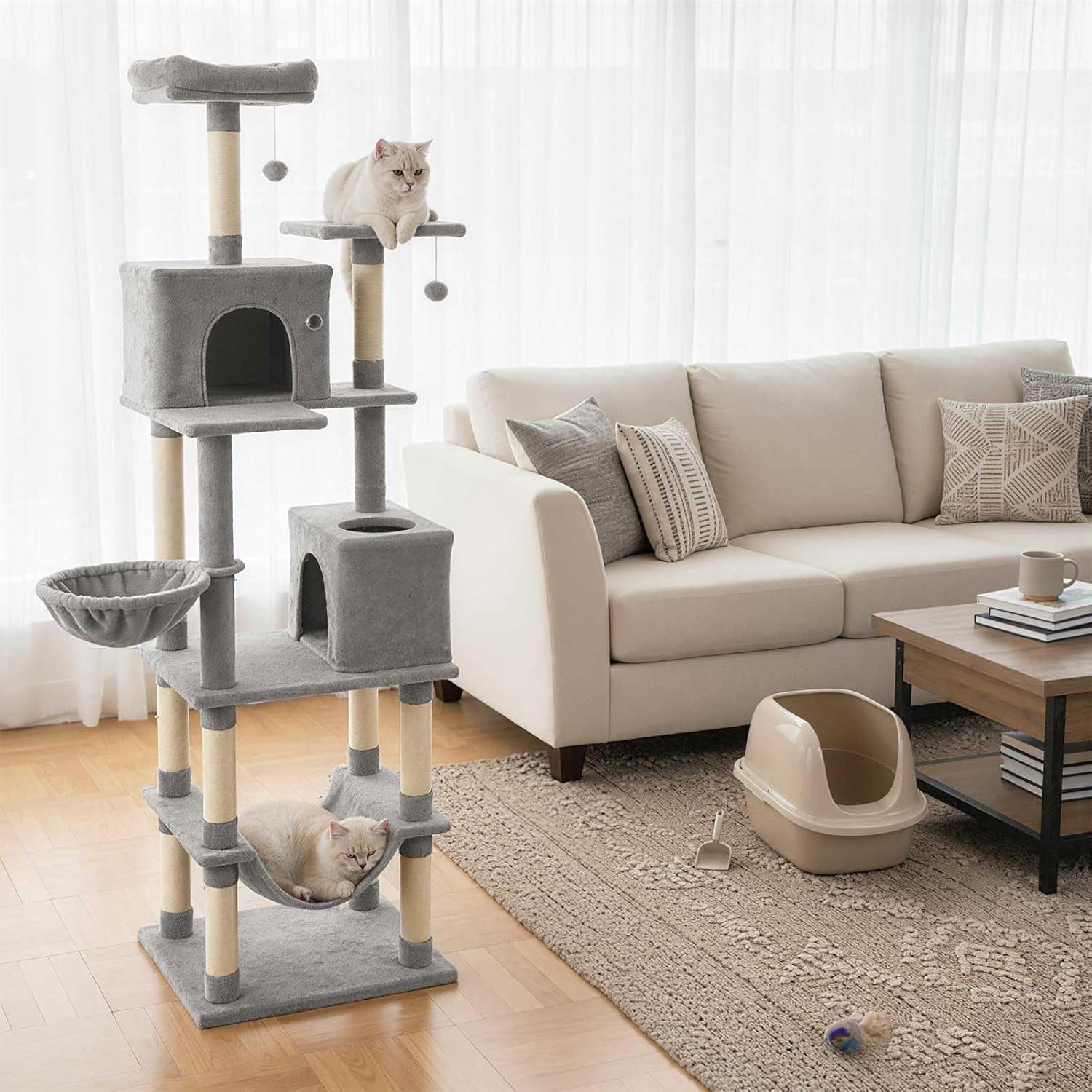 LEHOME 80 Inch Tall Cat Tree, Multi-Level Cat Tower with Sisal Scratching Posts, 2 Condos, Plush Perch, Hammock, Basket, Dangling Toys, Cat Climbing Furniture for Indoor Cats (Light Gray)
