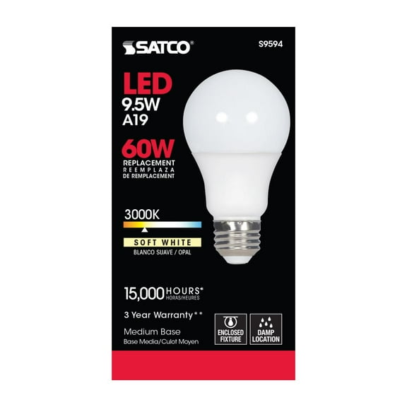 Satco S9594 A19 Frosted LED Light Bulbs 9.5W 120V 3000K 800L E26 Medium Base Non-Dimmable (6 Pack)