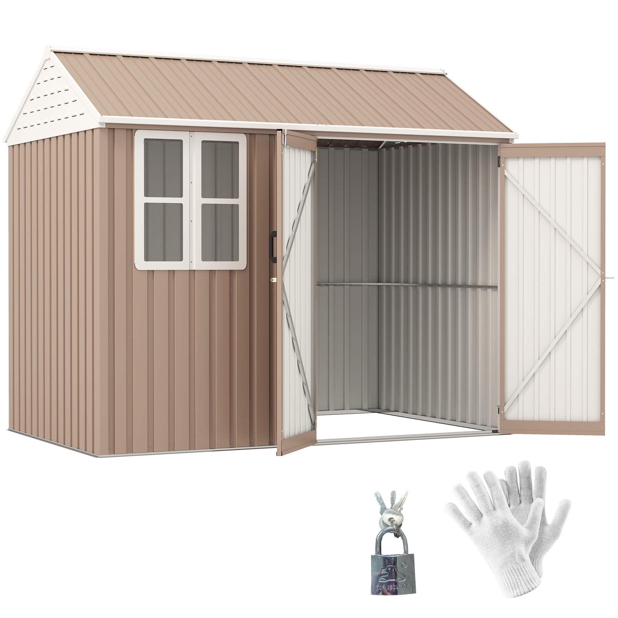 Outsunny 8' x 6' Outdoor Storage Shed, Extra Large Metal Garden Shed with Lockable Doors, Cottage Style 4-Pane Window & Vents, Brown